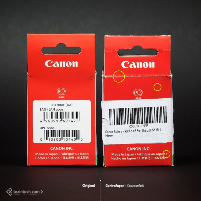 Canon LP-E6 &bull; Bo&icirc;tes vues de dos