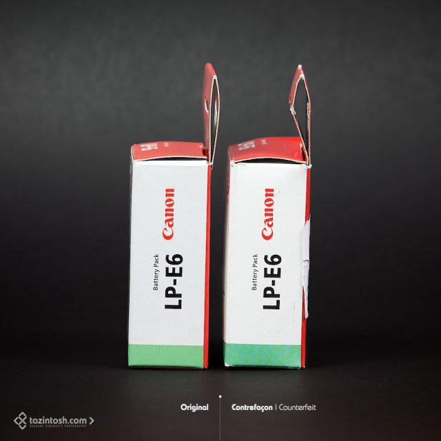 Canon LP-E6 &bull; C&ocirc;t&eacute; droit des bo&icirc;tes