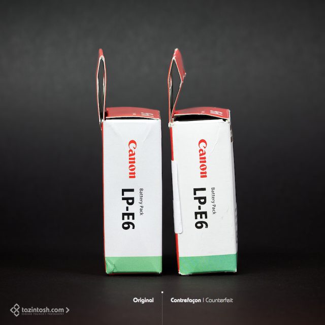 Canon LP-E6 &bull; C&ocirc;t&eacute; gauche des bo&icirc;tes