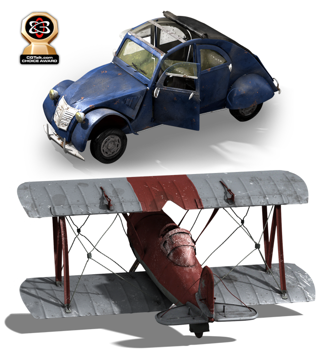 Petite voiture et avion de m&eacute;tal en 3D